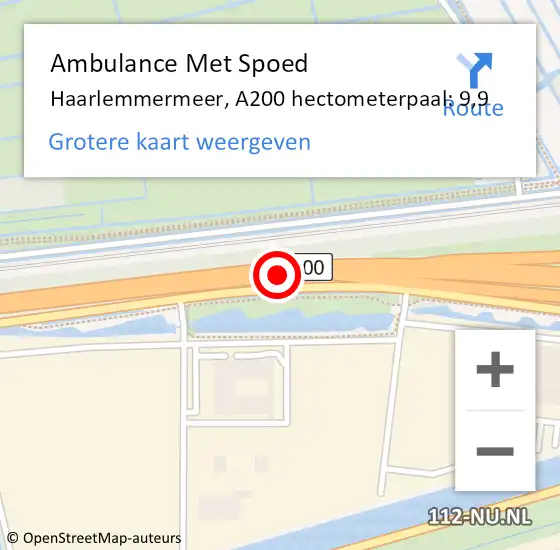 Locatie op kaart van de 112 melding: Ambulance Met Spoed Naar Haarlemmermeer, A200 hectometerpaal: 9,9 op 14 september 2023 08:14
