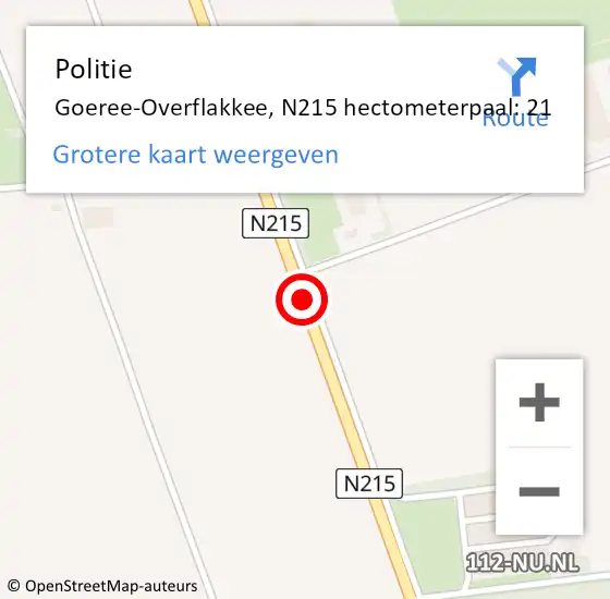 Locatie op kaart van de 112 melding: Politie Goeree-Overflakkee, N215 hectometerpaal: 21 op 14 september 2023 08:20