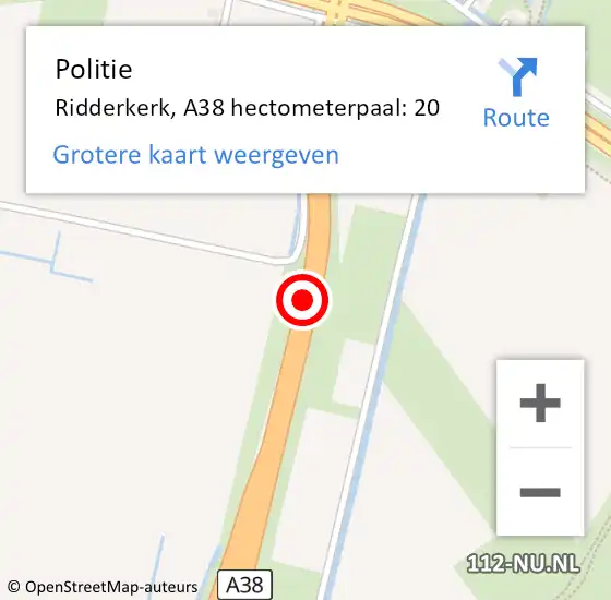 Locatie op kaart van de 112 melding: Politie Ridderkerk, A38 hectometerpaal: 20 op 14 september 2023 11:44