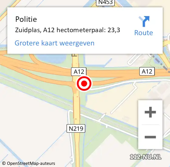 Locatie op kaart van de 112 melding: Politie Zuidplas, A12 hectometerpaal: 23,3 op 14 september 2023 12:34