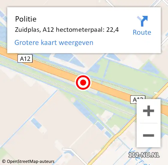 Locatie op kaart van de 112 melding: Politie Zuidplas, A12 hectometerpaal: 22,4 op 14 september 2023 12:46