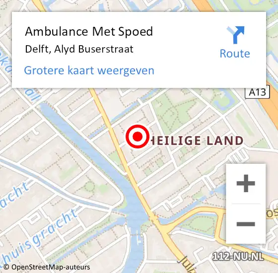 Locatie op kaart van de 112 melding: Ambulance Met Spoed Naar Delft, Alyd Buserstraat op 14 september 2023 13:02