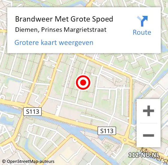 Locatie op kaart van de 112 melding: Brandweer Met Grote Spoed Naar Diemen, Prinses Margrietstraat op 14 september 2023 13:12