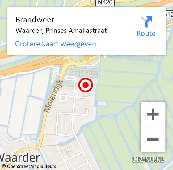 Locatie op kaart van de 112 melding: Brandweer Waarder, Prinses Amaliastraat op 14 september 2023 13:13