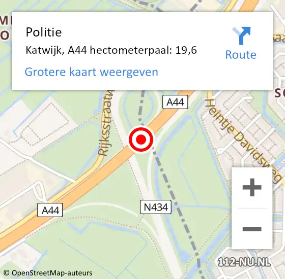 Locatie op kaart van de 112 melding: Politie Katwijk, A44 hectometerpaal: 19,6 op 14 september 2023 13:29