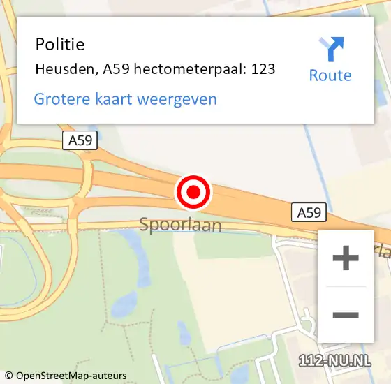 Locatie op kaart van de 112 melding: Politie Heusden, A59 hectometerpaal: 123 op 14 september 2023 14:28