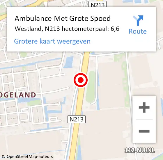 Locatie op kaart van de 112 melding: Ambulance Met Grote Spoed Naar Westland, N213 hectometerpaal: 6,6 op 14 september 2023 14:52