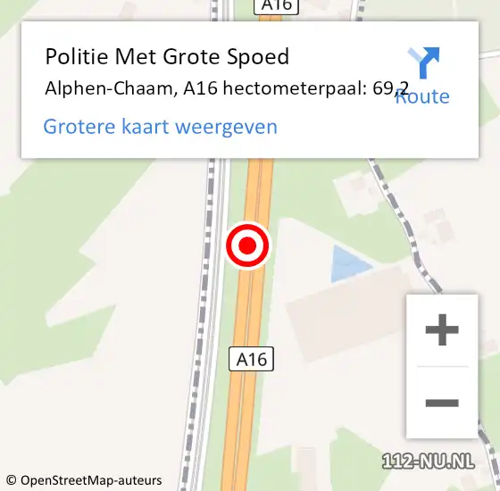 Locatie op kaart van de 112 melding: Politie Met Grote Spoed Naar Alphen-Chaam, A16 hectometerpaal: 69,2 op 14 september 2023 14:53