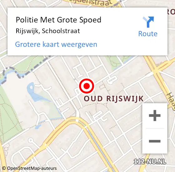 Locatie op kaart van de 112 melding: Politie Met Grote Spoed Naar Rijswijk, Schoolstraat op 14 september 2023 15:03