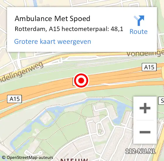 Locatie op kaart van de 112 melding: Ambulance Met Spoed Naar Rotterdam, A15 hectometerpaal: 48,1 op 14 september 2023 15:36