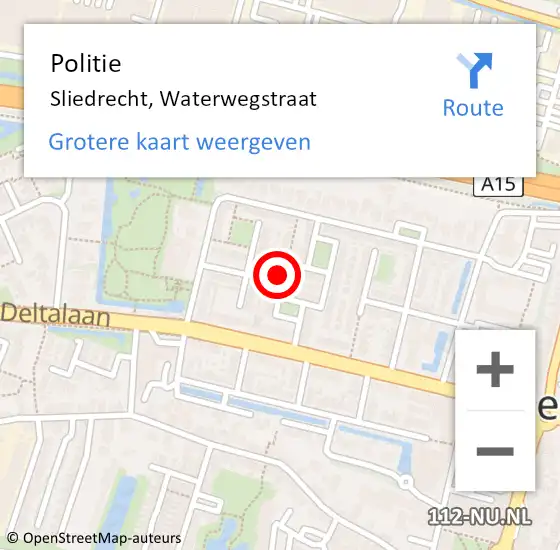 Locatie op kaart van de 112 melding: Politie Sliedrecht, Waterwegstraat op 14 september 2023 16:33