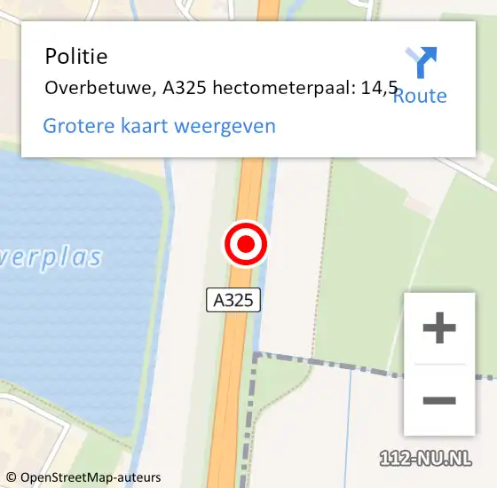 Locatie op kaart van de 112 melding: Politie Overbetuwe, A325 hectometerpaal: 14,5 op 14 september 2023 16:36