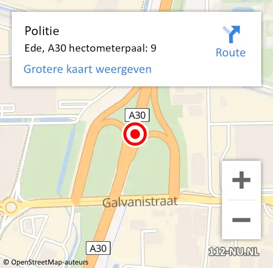 Locatie op kaart van de 112 melding: Politie Ede, A30 hectometerpaal: 9 op 14 september 2023 16:51