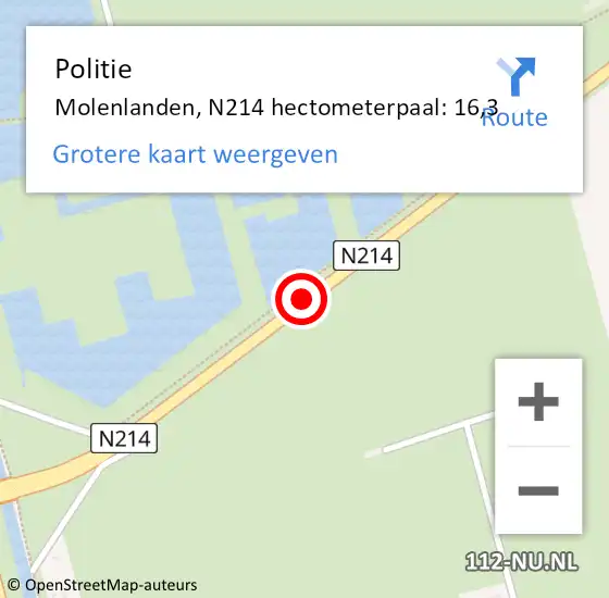 Locatie op kaart van de 112 melding: Politie Molenlanden, N214 hectometerpaal: 16,3 op 14 september 2023 16:52