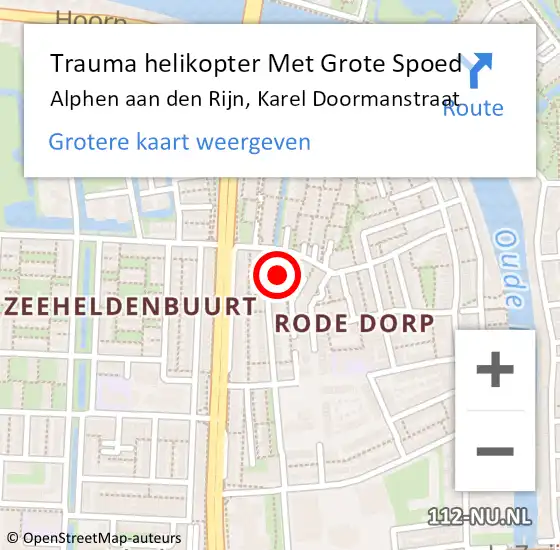 Locatie op kaart van de 112 melding: Trauma helikopter Met Grote Spoed Naar Alphen aan den Rijn, Karel Doormanstraat op 14 september 2023 19:19