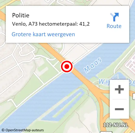 Locatie op kaart van de 112 melding: Politie Venlo, A73 hectometerpaal: 41,2 op 14 september 2023 19:46