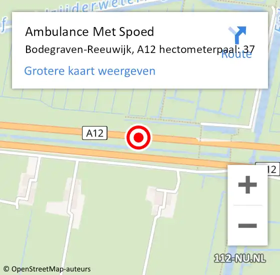 Locatie op kaart van de 112 melding: Ambulance Met Spoed Naar Bodegraven-Reeuwijk, A12 hectometerpaal: 37 op 14 september 2023 20:14