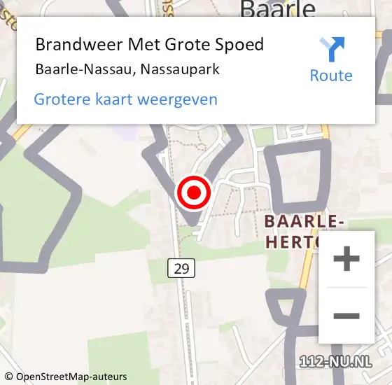 Locatie op kaart van de 112 melding: Brandweer Met Grote Spoed Naar Baarle-Nassau, Nassaupark op 14 september 2023 22:08