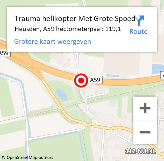 Locatie op kaart van de 112 melding: Trauma helikopter Met Grote Spoed Naar Heusden, A59 hectometerpaal: 119,1 op 14 september 2023 22:09