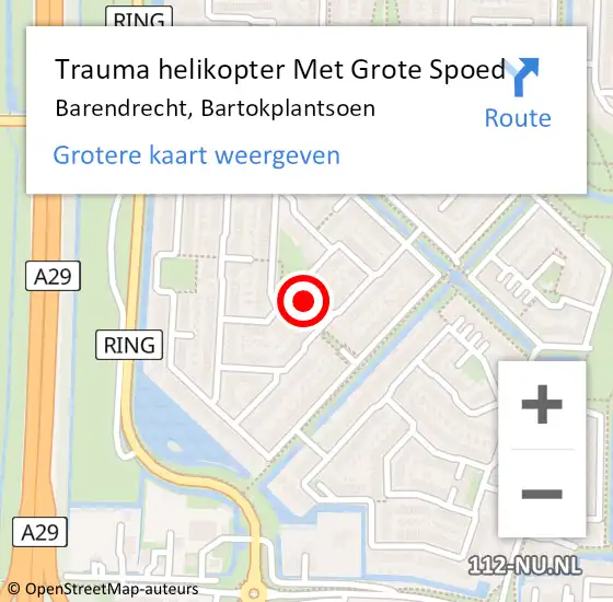 Locatie op kaart van de 112 melding: Trauma helikopter Met Grote Spoed Naar Barendrecht, Bartokplantsoen op 15 september 2023 01:14