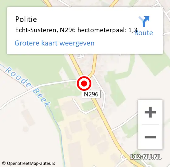 Locatie op kaart van de 112 melding: Politie Echt-Susteren, N296 hectometerpaal: 1,3 op 15 september 2023 08:01