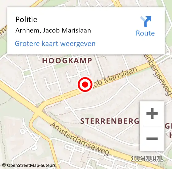 Locatie op kaart van de 112 melding: Politie Arnhem, Jacob Marislaan op 15 september 2023 08:18