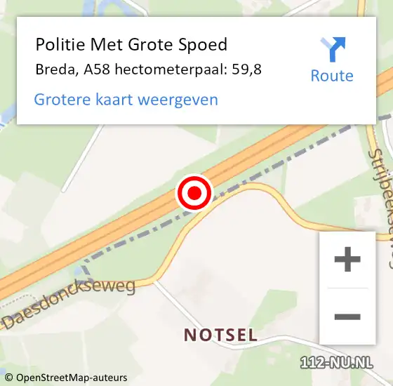 Locatie op kaart van de 112 melding: Politie Met Grote Spoed Naar Breda, A58 hectometerpaal: 59,8 op 15 september 2023 08:28