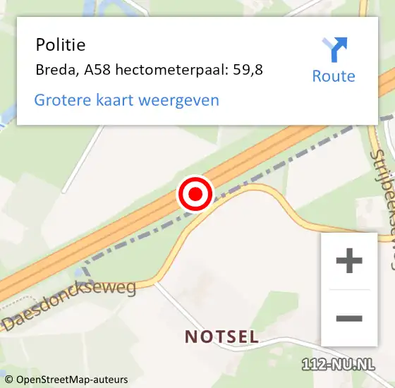 Locatie op kaart van de 112 melding: Politie Breda, A58 hectometerpaal: 59,8 op 15 september 2023 08:28