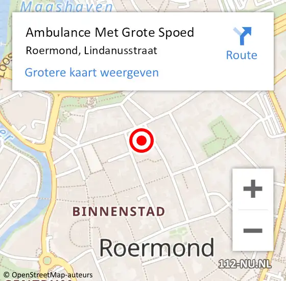 Locatie op kaart van de 112 melding: Ambulance Met Grote Spoed Naar Roermond, Lindanusstraat op 15 september 2023 09:42