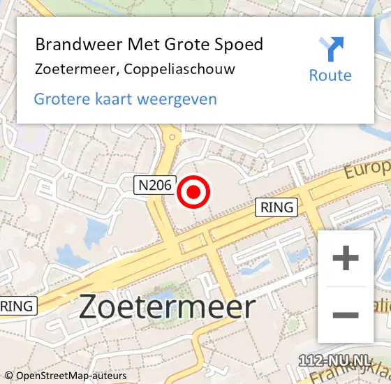 Locatie op kaart van de 112 melding: Brandweer Met Grote Spoed Naar Zoetermeer, Coppeliaschouw op 15 september 2023 12:11