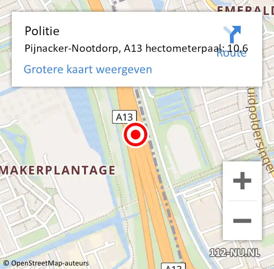 Locatie op kaart van de 112 melding: Politie Pijnacker-Nootdorp, A13 hectometerpaal: 10,6 op 15 september 2023 13:50