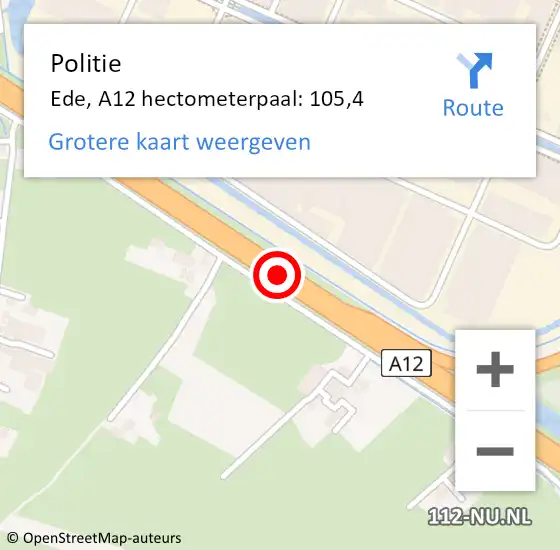 Locatie op kaart van de 112 melding: Politie Ede, A12 hectometerpaal: 105,4 op 15 september 2023 14:21