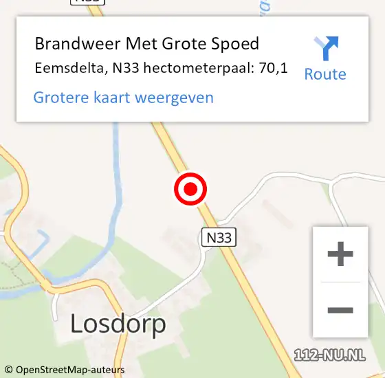 Locatie op kaart van de 112 melding: Brandweer Met Grote Spoed Naar Eemsdelta, N33 hectometerpaal: 70,1 op 15 september 2023 14:28