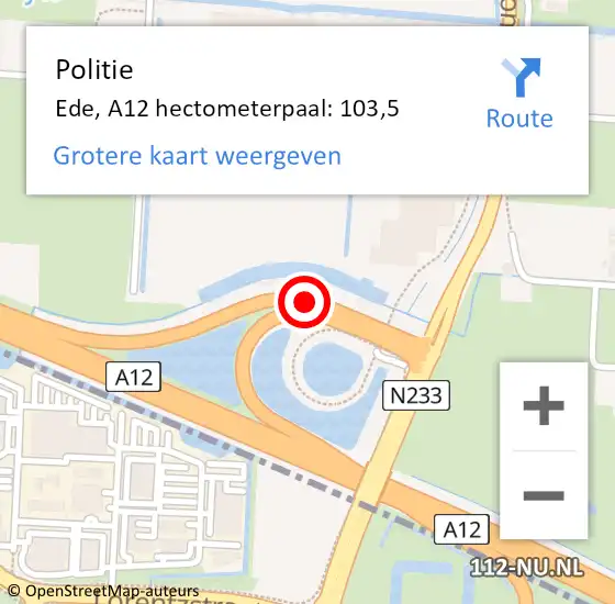 Locatie op kaart van de 112 melding: Politie Ede, A12 hectometerpaal: 103,5 op 15 september 2023 14:36