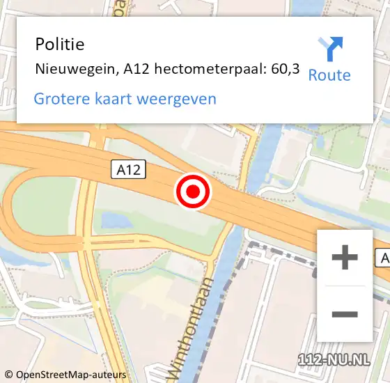 Locatie op kaart van de 112 melding: Politie Nieuwegein, A12 hectometerpaal: 60,3 op 15 september 2023 14:37