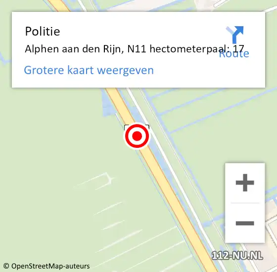 Locatie op kaart van de 112 melding: Politie Alphen aan den Rijn, N11 hectometerpaal: 17 op 15 september 2023 14:39