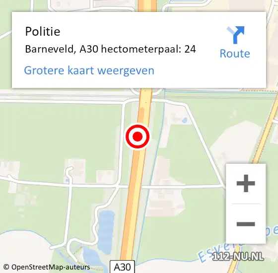 Locatie op kaart van de 112 melding: Politie Barneveld, A30 hectometerpaal: 24 op 15 september 2023 14:46