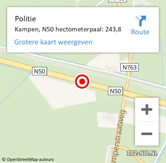Locatie op kaart van de 112 melding: Politie Kampen, N50 hectometerpaal: 243,8 op 15 september 2023 15:02