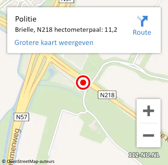 Locatie op kaart van de 112 melding: Politie Brielle, N218 hectometerpaal: 11,2 op 15 september 2023 15:11