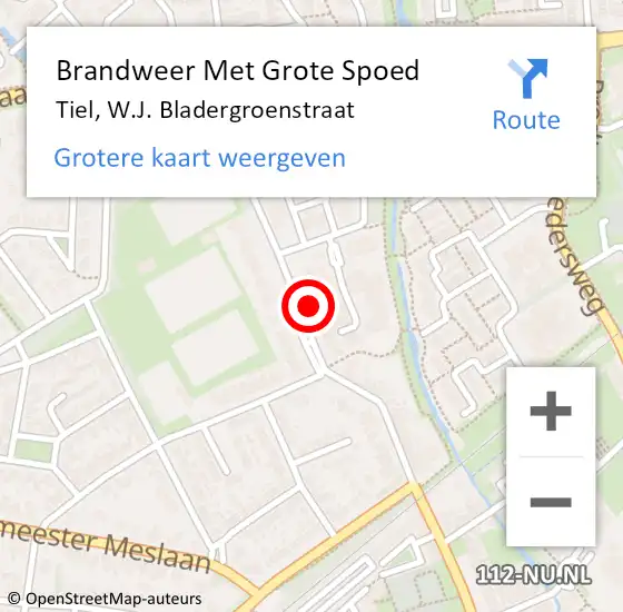 Locatie op kaart van de 112 melding: Brandweer Met Grote Spoed Naar Tiel, W.J. Bladergroenstraat op 15 september 2023 15:16