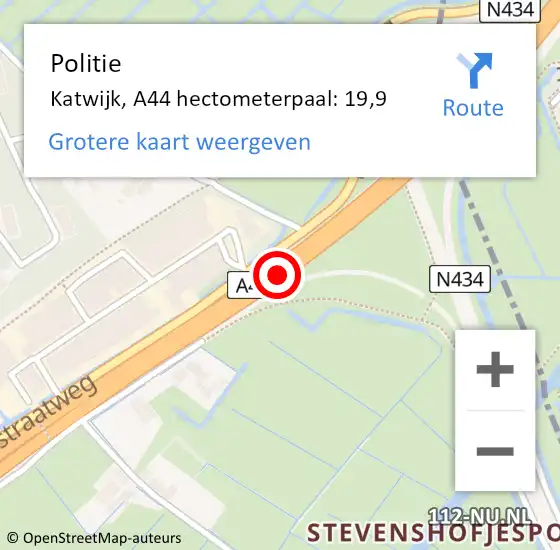 Locatie op kaart van de 112 melding: Politie Katwijk, A44 hectometerpaal: 19,9 op 15 september 2023 15:25