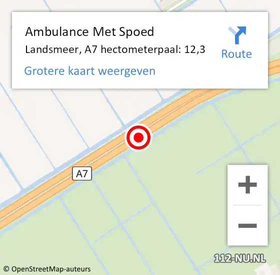 Locatie op kaart van de 112 melding: Ambulance Met Spoed Naar Landsmeer, A7 hectometerpaal: 12,3 op 15 september 2023 15:26