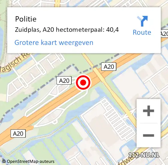 Locatie op kaart van de 112 melding: Politie Zuidplas, A20 hectometerpaal: 40,4 op 15 september 2023 15:28