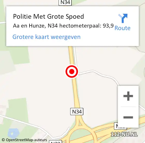 Locatie op kaart van de 112 melding: Politie Met Grote Spoed Naar Aa en Hunze, N34 hectometerpaal: 93,9 op 15 september 2023 15:44