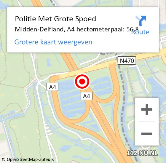 Locatie op kaart van de 112 melding: Politie Met Grote Spoed Naar Midden-Delfland, A4 hectometerpaal: 56,8 op 15 september 2023 15:53