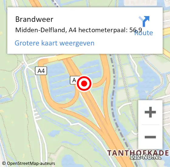 Locatie op kaart van de 112 melding: Brandweer Midden-Delfland, A4 hectometerpaal: 56,9 op 15 september 2023 15:55