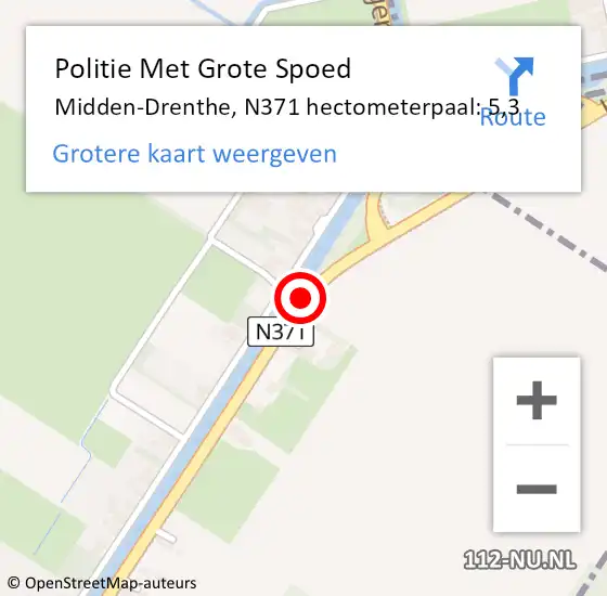 Locatie op kaart van de 112 melding: Politie Met Grote Spoed Naar Midden-Drenthe, N371 hectometerpaal: 5,3 op 15 september 2023 16:10