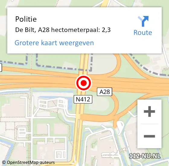 Locatie op kaart van de 112 melding: Politie De Bilt, A28 hectometerpaal: 2,3 op 15 september 2023 16:15