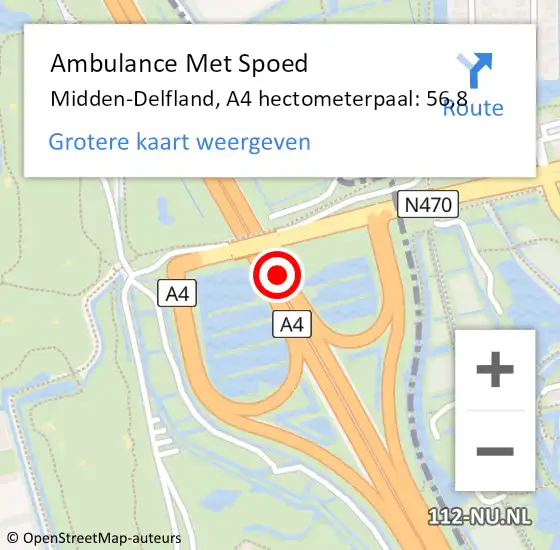 Locatie op kaart van de 112 melding: Ambulance Met Spoed Naar Midden-Delfland, A4 hectometerpaal: 56,8 op 15 september 2023 16:18