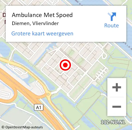 Locatie op kaart van de 112 melding: Ambulance Met Spoed Naar Diemen, Vliervlinder op 15 september 2023 17:12